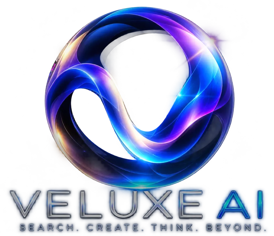 Animated VELUXE AI glass sphere logo — Search. Create. Think. Beyond.